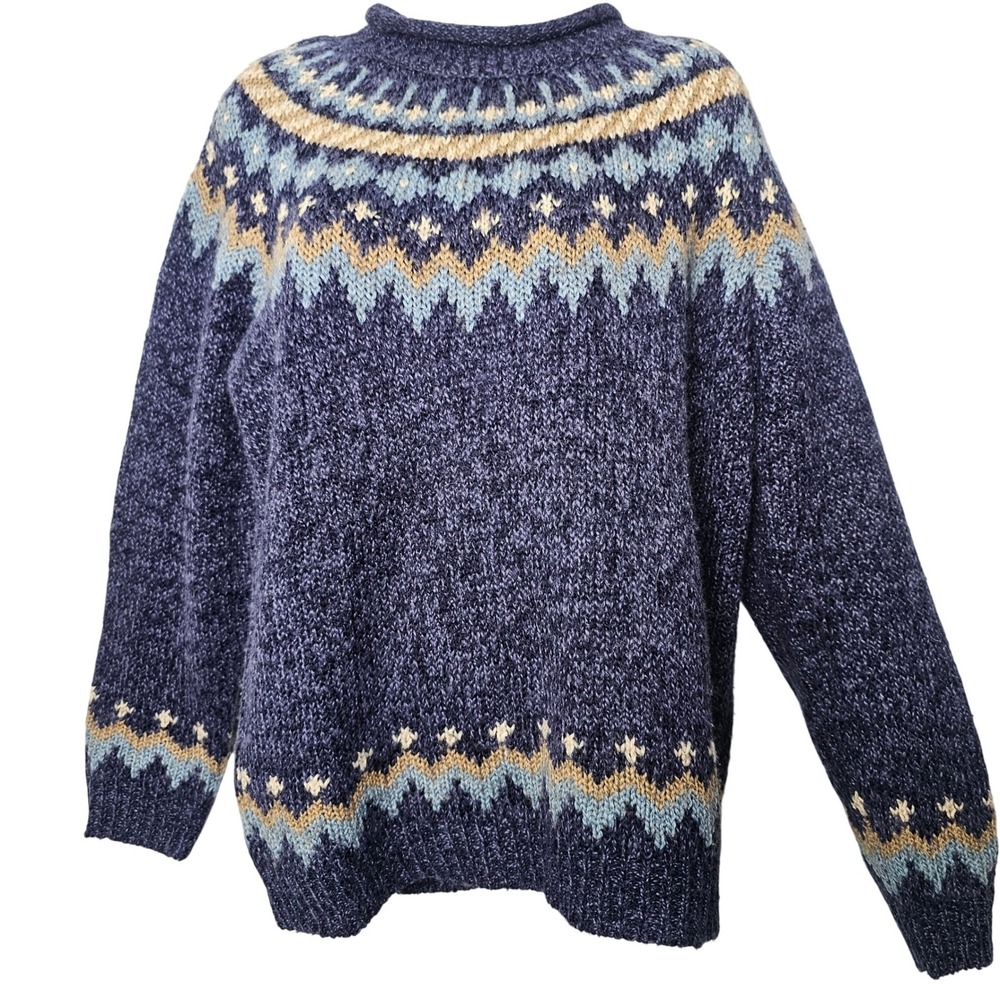 Claudia D Womens Fair Isle VTG Mock Neck Sweater M Blue Nordic Cabin Grandpacore